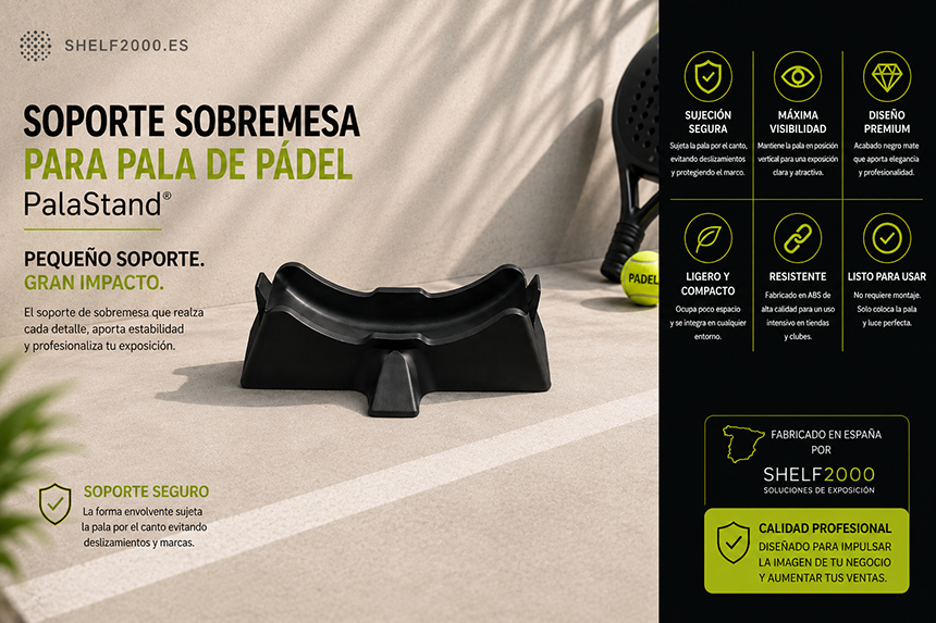 Infografía del soporte sobremesa para pala de pádel PalaStand fabricado en ABS, con sus principales ventajas, características y aplicaciones para tiendas de pádel, clubes, escaparates y mostradores.